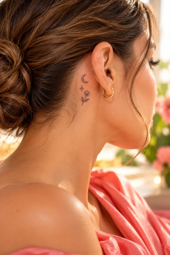 Cute behind-the-ear tattoo ideas featuring a tiny black star, crescent moon, delicate flower, and minimalist dots on an adult woman's ear and neck, styled with elegant jewelry and soft natural lighting.