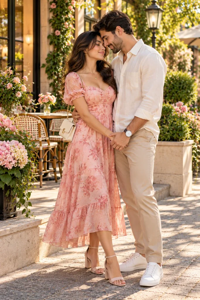 Cute couple pose featuring a stylish adult couple standing close together, gently touching foreheads in warm natural light with a romantic pastel background.
