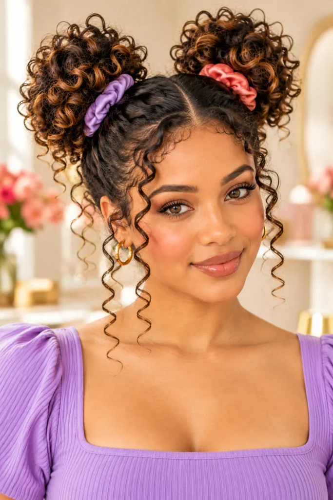 Cute curly space buns with two voluminous textured buns, loose face-framing ringlets, and colorful accessories for a playful everyday hairstyle.