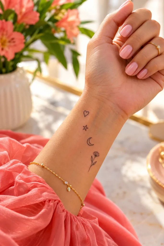 Cute small tattoo ideas featuring a delicate fine-line heart, tiny star, crescent moon, and minimalist floral tattoo on a woman's wrist and forearm with elegant styling and vibrant natural lighting.