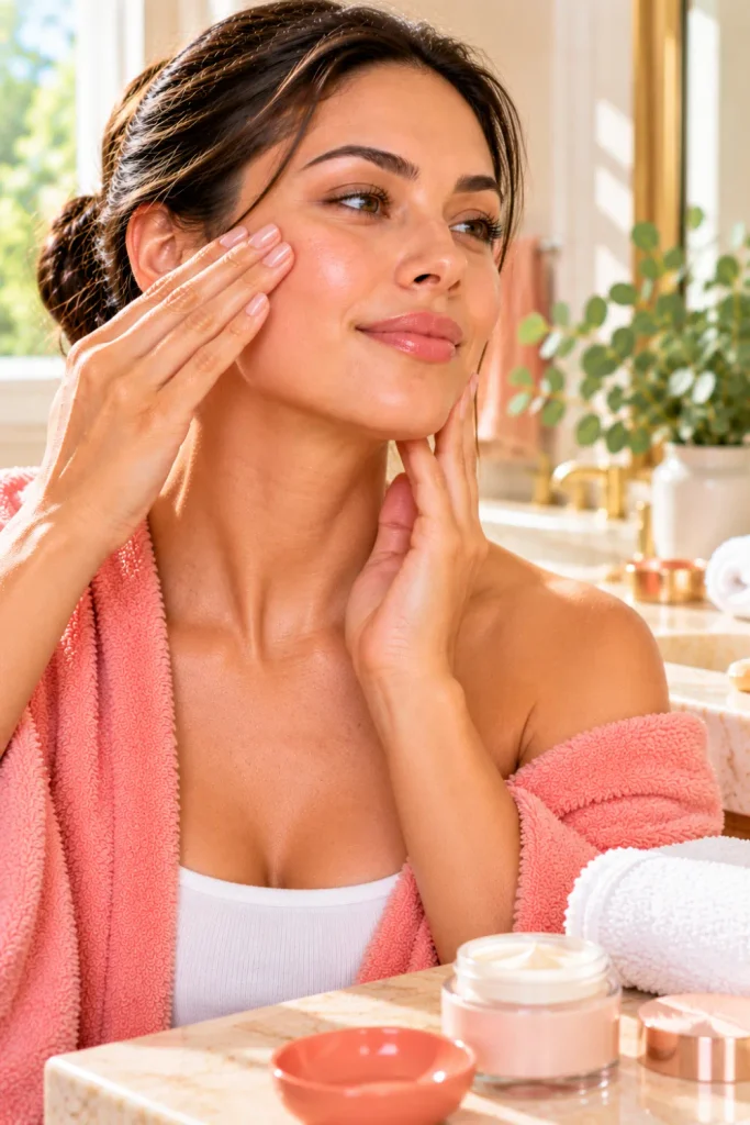 Woman performing a gentle daily facial massage with clean fingertips beside simple skincare products in a bright bathroom, illustrating a realistic routine for temporarily reducing morning puffiness.