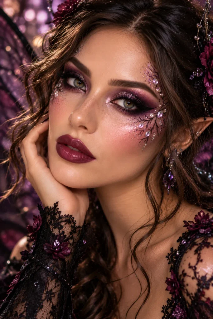 Dark fairy Halloween makeup featuring shimmering plum eyeshadow, dramatic winged eyeliner, berry lipstick, iridescent face gems, and luminous sculpted cheeks.