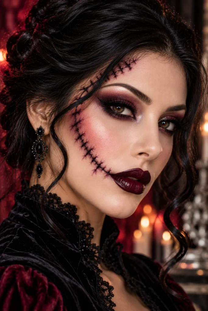 Dark gothic glam Halloween makeup with dramatic charcoal smoky eyes, deep burgundy lipstick, sculpted cheekbones, precise black stitched cheek details, and elegant glossy black hair.
