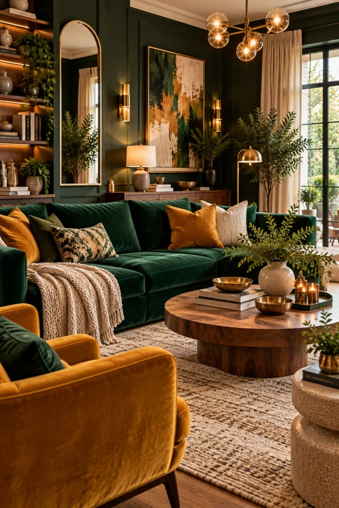 Dark green and mustard living room with a forest-green sofa, mustard velvet cushions, a golden accent chair, warm oak furniture, a textured neutral rug, and inviting contemporary lighting.