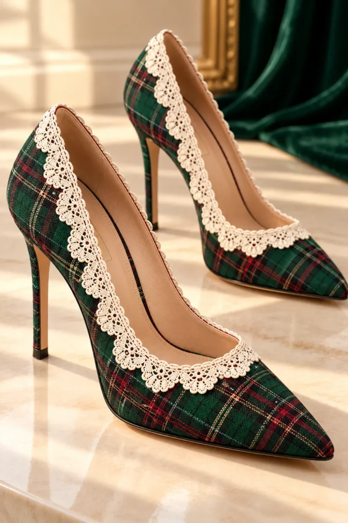 Dark green tartan plaid high heels with cream scalloped lace edging, rich forest-green checks, elegant pointed toes, and vintage-inspired luxury styling.