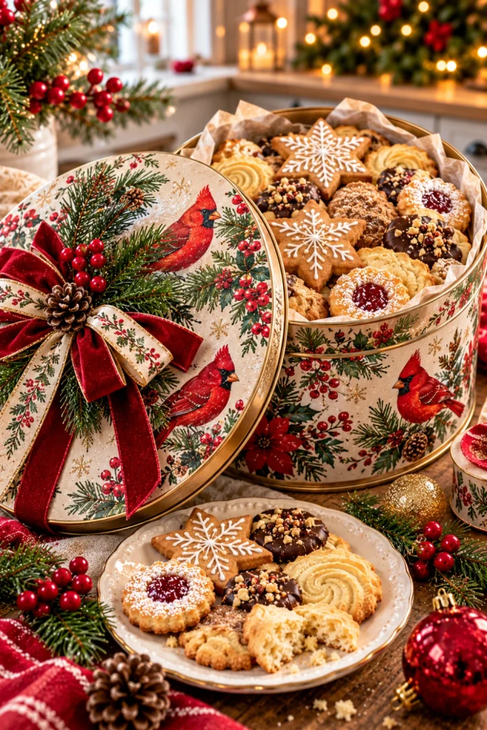 Decoupage Christmas cookie tin craft with vintage holiday paper, evergreen branches, red berries, and snowflake designs, filled with homemade gingerbread, butter cookies, and chocolate-dipped shortbread.