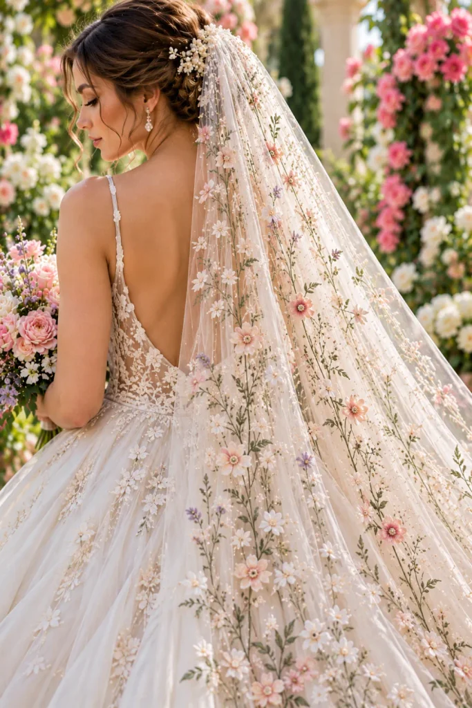Delicate ivory wildflower wedding veil with tiny embroidered daisies, pastel blossoms, and botanical stems draped over a romantic bridal gown in a colorful garden setting.
