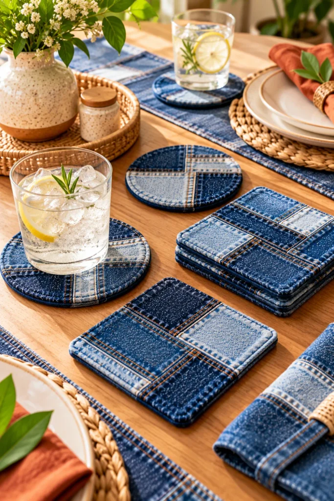 Denim coasters and table accessories made from old jeans with layered indigo fabric and decorative stitching in a modern contemporary tablescape.