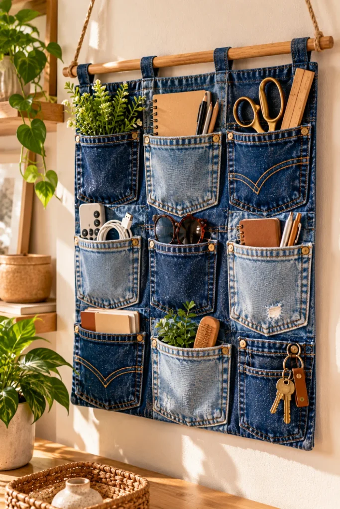 Denim pocket wall organizer made from old jeans with practical storage pockets, modern indigo styling, and contemporary home décor for stylish DIY projects from old jeans.