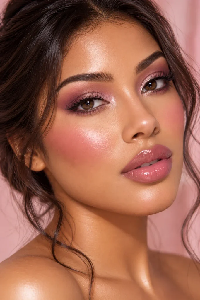 Dewy glass-skin mauve makeup with lightweight radiant complexion makeup, subtle mauve eyeshadow, fresh cream blush, natural lashes, and juicy glossy rose lips in a close-up portrait.