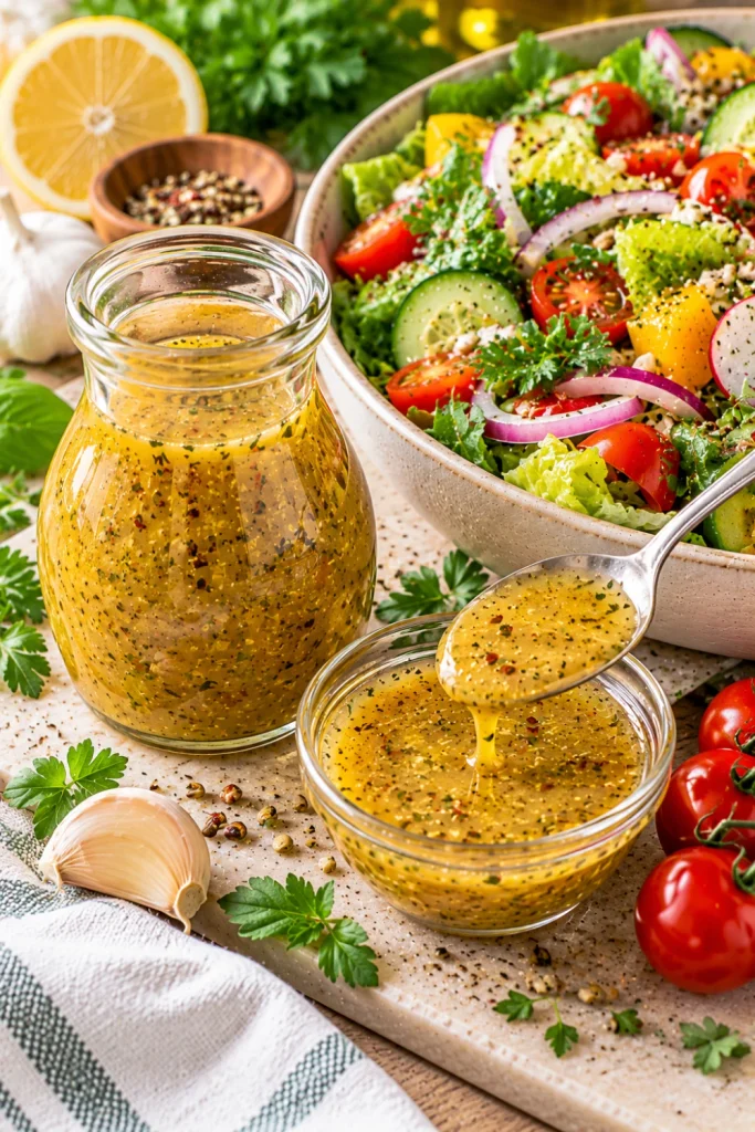 Dijon Italian Vinaigrette in a glass jar with golden olive oil, Dijon mustard, garlic, oregano, basil, and black pepper served beside a colorful chopped vegetable salad.