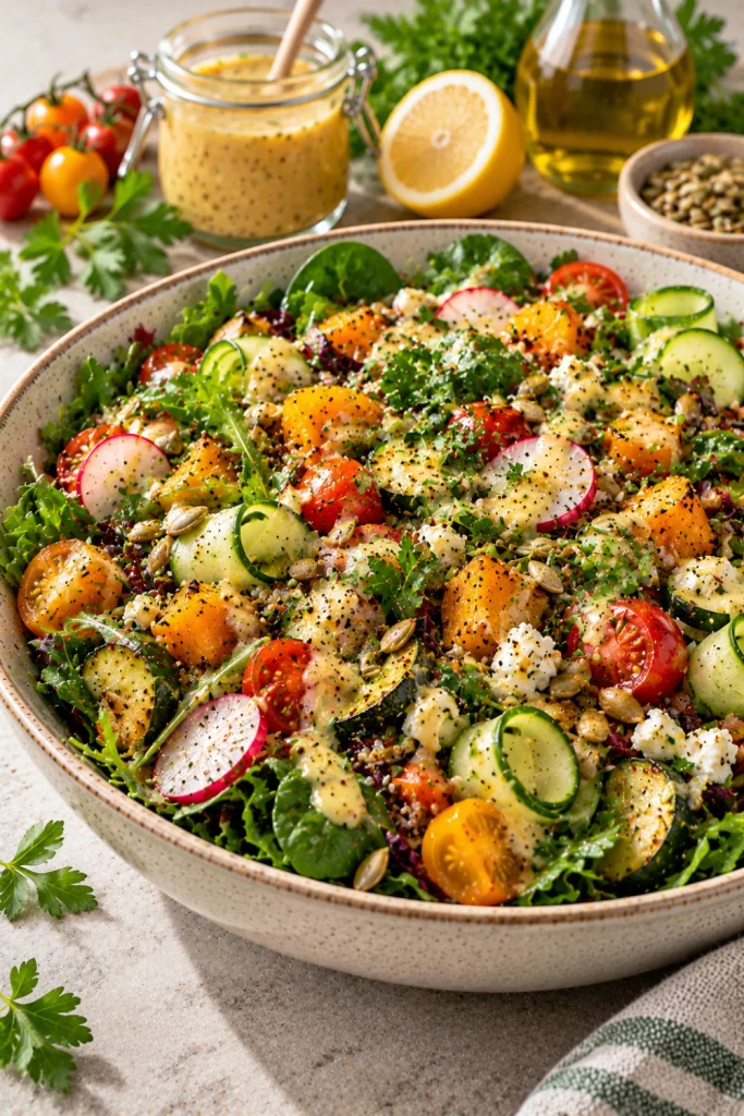 Modern mixed green salad with cucumber, cherry tomatoes, radishes, roasted vegetables, grains, herbs, toasted seeds, and creamy Dijon mustard vinaigrette in a ceramic bowl.