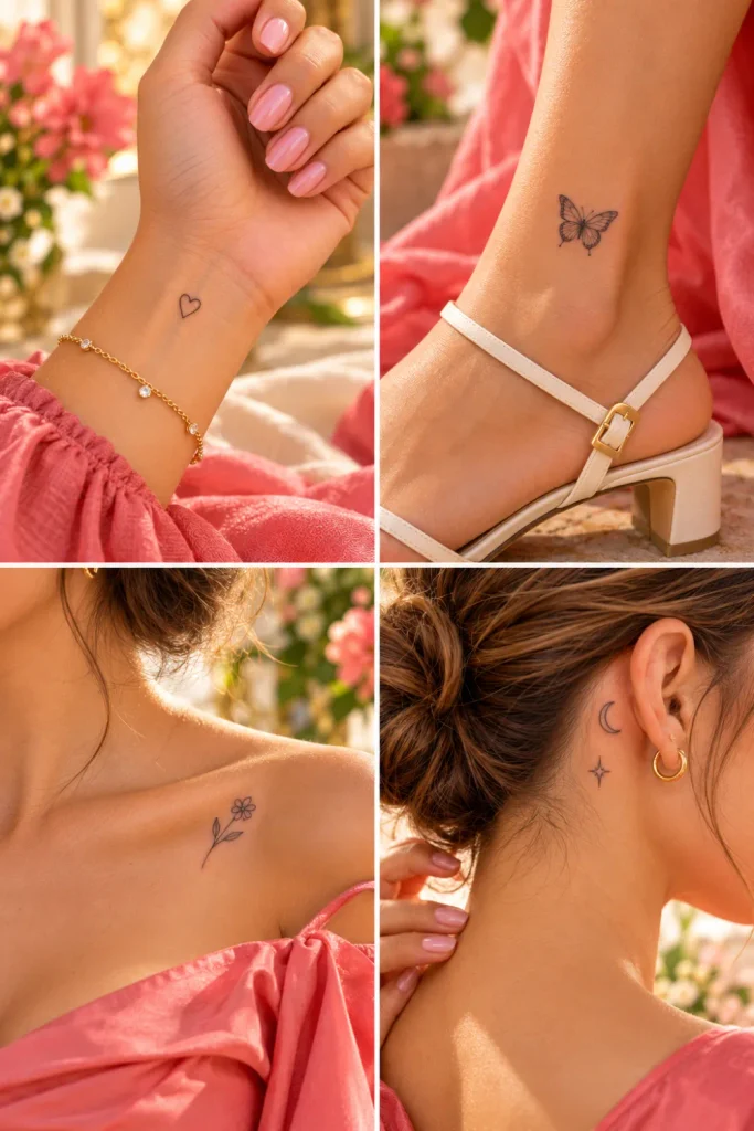 Discreet small tattoo placement ideas showing delicate minimalist tattoos behind the ear, on the collarbone, shoulder, wrist, and ankle, styled in a bright, elegant lifestyle photography aesthetic.
