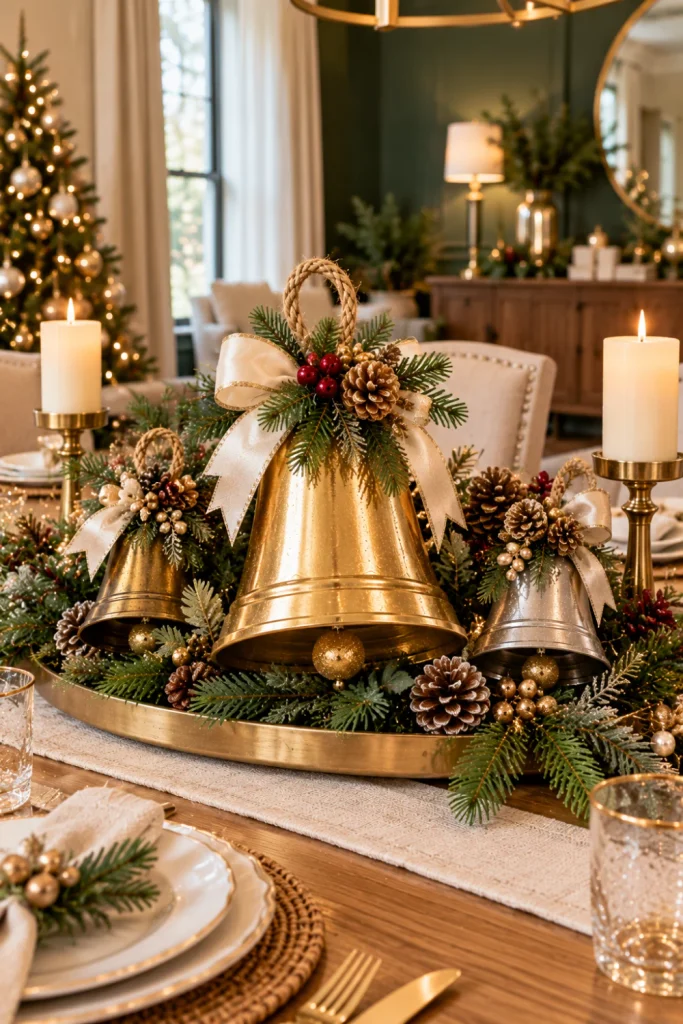 DIY Christmas bell centerpiece with gold decorative bells, fresh evergreen greenery, natural pinecones, cream candles, and elegant modern holiday table styling.