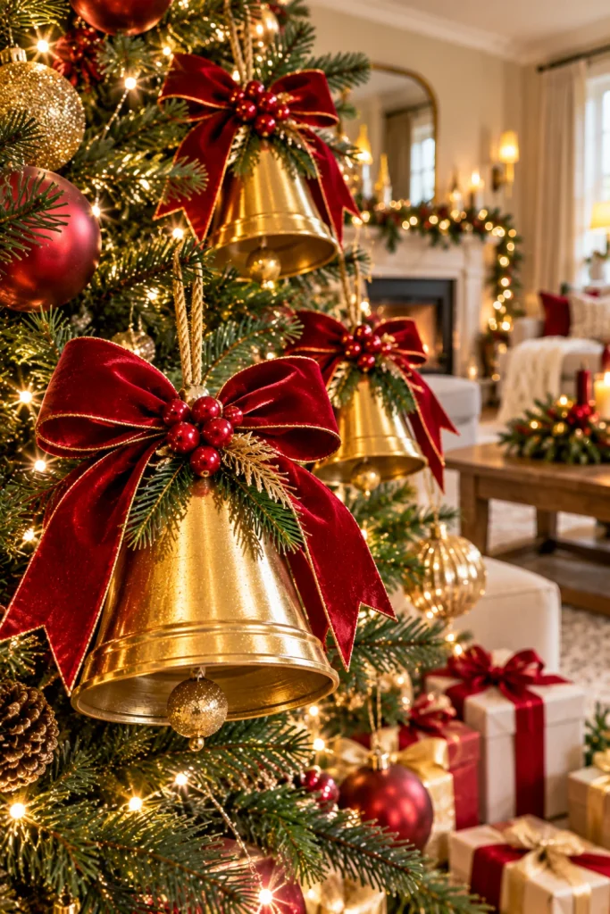 DIY Christmas bell ornaments with rich red velvet bows, gold metallic bells, evergreen branches, and warm white lights on a classic elegant Christmas tree.