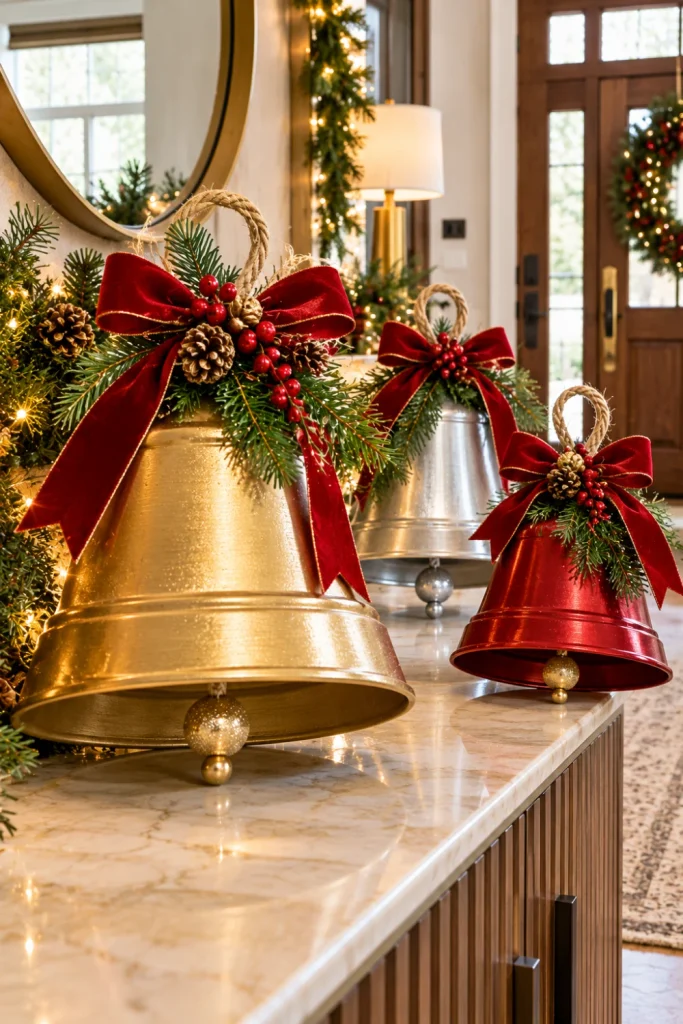 Upcycled plastic flower pots and Christmas bells painted metallic gold and silver with festive red velvet bows and evergreen sprigs displayed in a modern holiday entryway.