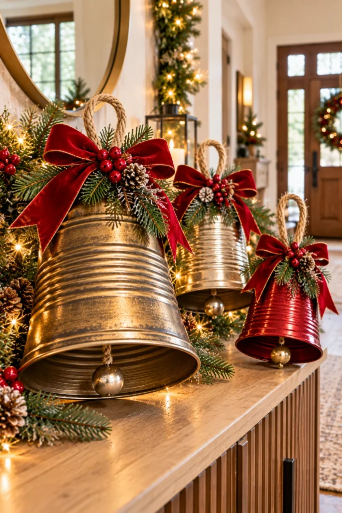 DIY Christmas bells made from recycled tin cans with antique-bronze and gold finishes, festive ribbons, and evergreen accents styled in a modern holiday home.