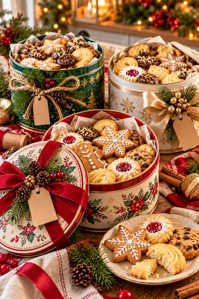 DIY Christmas cookie tins for teachers, neighbors, and friends featuring reusable cream, red, and green tins with festive ribbons, gingerbread stars, chocolate chip cookies, and homemade shortbread gift assortments.