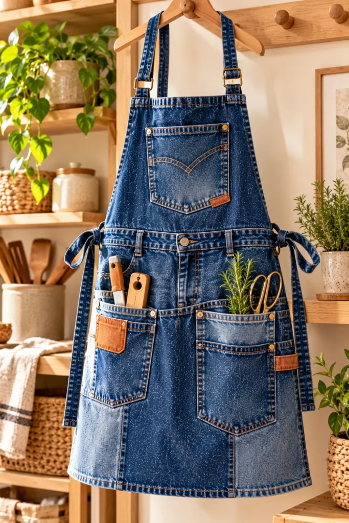 DIY denim apron made from old jeans with original pockets, waistband details, and modern indigo styling for crafting, gardening, and kitchen use in stylish DIY projects from old jeans.