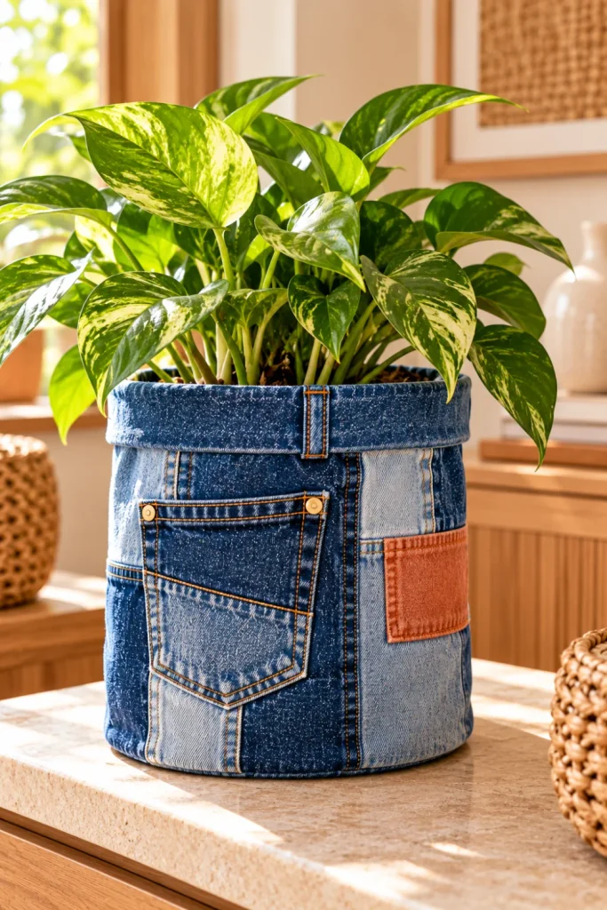 DIY denim plant pot cover made from old jeans with indigo fabric, visible stitching, pocket detail, and a lush green houseplant in modern home décor for stylish DIY projects from old jeans.