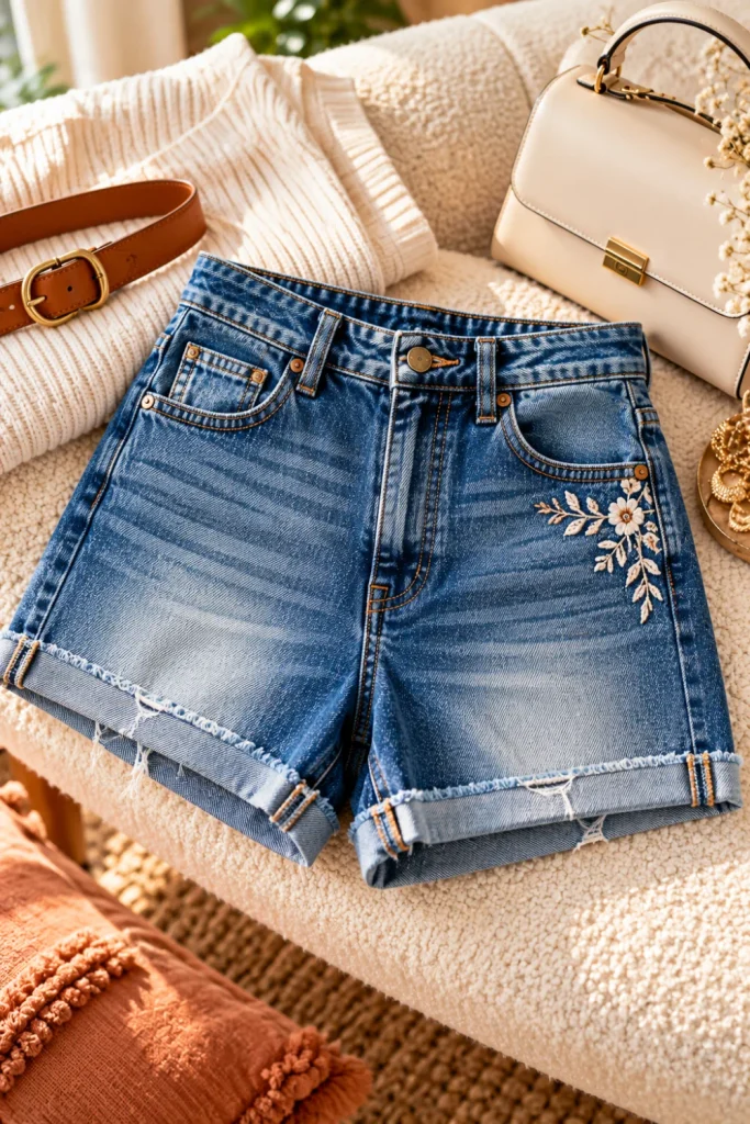 DIY denim shorts from old jeans styled with a modern high-rise silhouette, raw hem details, and contemporary fashion accents for stylish DIY projects from old jeans.