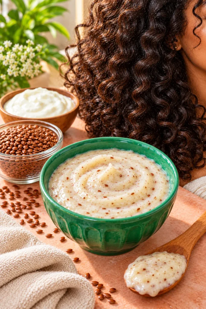 DIY Flaxseed and Curd Hair Mask for Shine for curly hair, featuring a fresh homemade flaxseed gel and curd mixture alongside defined natural curls and simple ingredients.