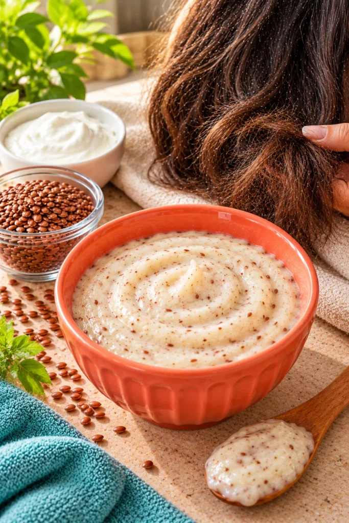 DIY Flaxseed and Curd Hair Mask for Shine for dry, damaged-looking hair, with a fresh creamy flaxseed gel and curd treatment beside natural flaxseeds and textured hair ends.