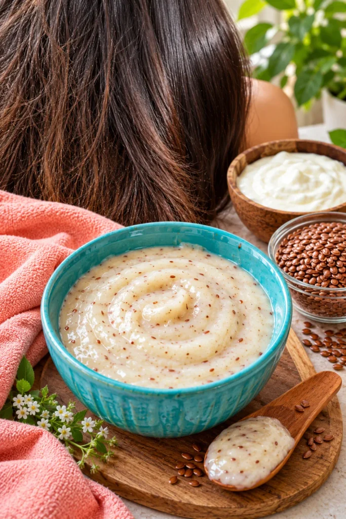 DIY Flaxseed and Curd Hair Mask for Shine for dry hair, featuring a creamy homemade flaxseed gel and curd mixture beside softly textured hair and fresh ingredients.
