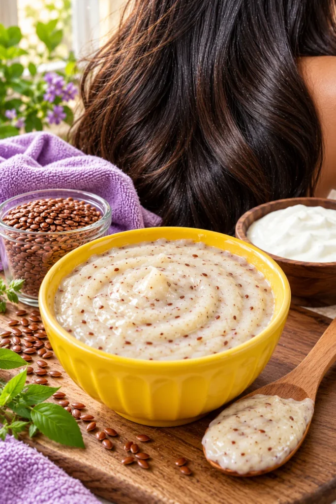 DIY Flaxseed and Curd Hair Mask for Shine with fresh flaxseed gel and curd beside naturally textured hair styled to look smoother and more manageable.