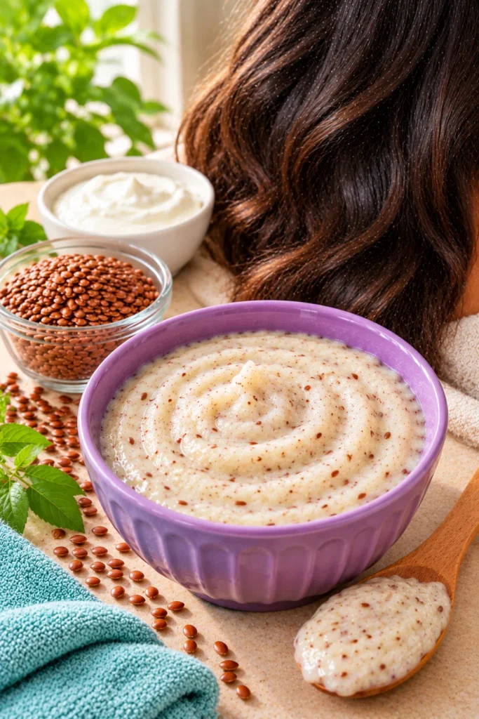 DIY Flaxseed and Curd Hair Mask for Shine for dry-feeling hair, featuring a fresh flaxseed gel and curd mixture in a vibrant lavender bowl beside natural hair-care ingredients