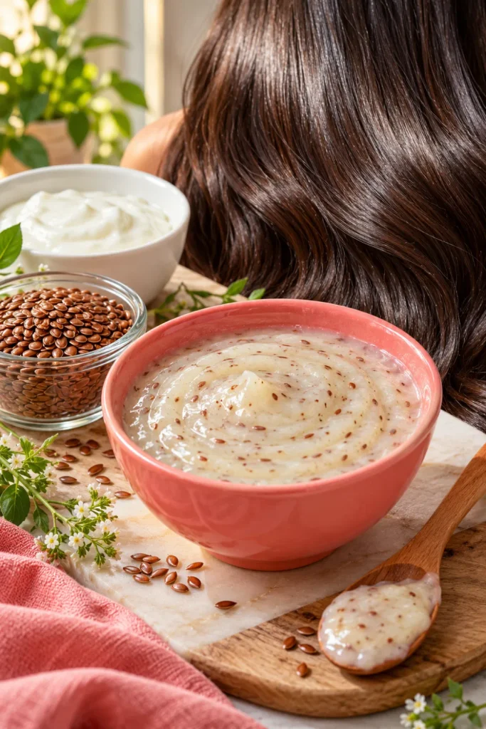 DIY Flaxseed and Curd Hair Mask for Shine is made with fresh flaxseed gel and creamy curd in a vibrant ceramic bowl beside glossy, healthy-looking hair.