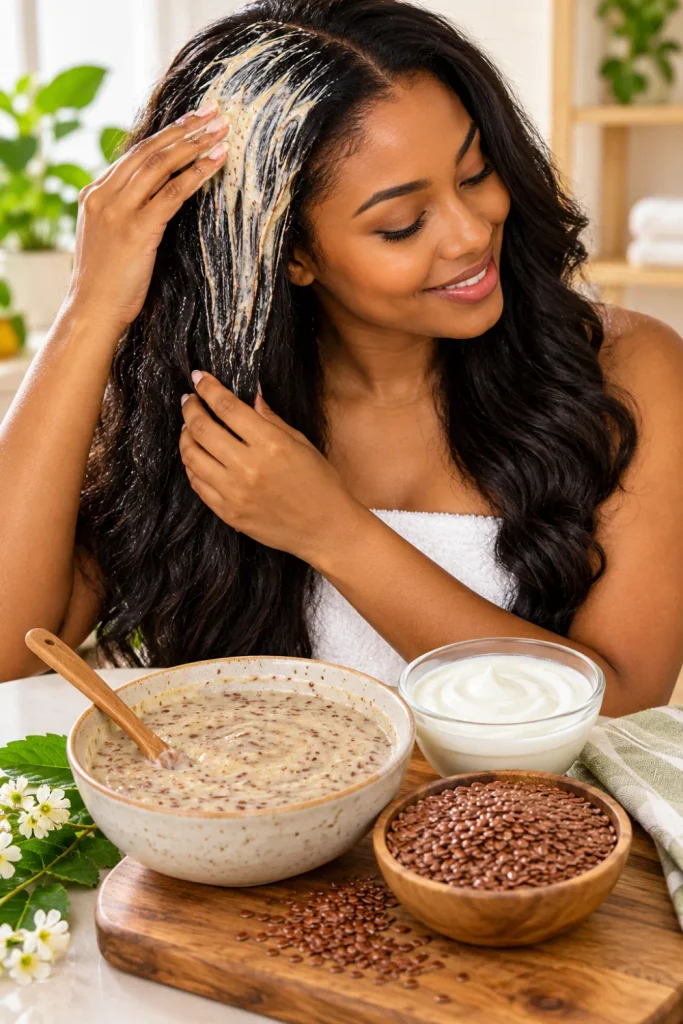 DIY flaxseed and curd hair mask for shiny hair, featuring homemade flaxseed gel mixed with creamy curd in a bowl for a natural hair care treatment.
