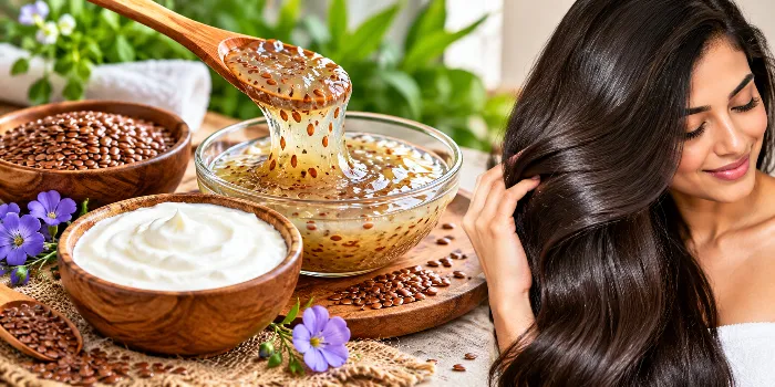 DIY flaxseed and curd hair mask for shine featuring flaxseed gel, creamy curd, and long, glossy dark hair for a natural hair care routine.