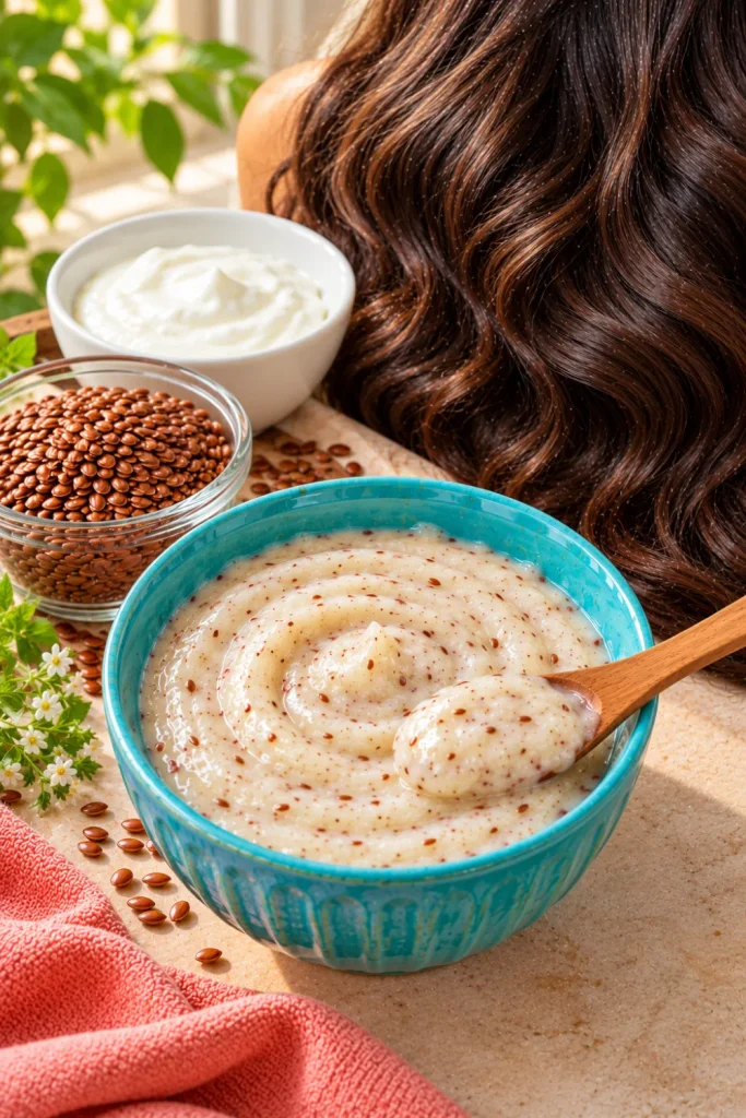 DIY Flaxseed and Curd Hair Mask for Shine for wavy hair, featuring a creamy homemade flaxseed gel and curd mixture with natural brown flaxseeds and soft, defined waves.
