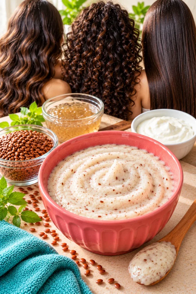 DIY Flaxseed and Curd Hair Mask for Shine features a creamy homemade mask, flaxseeds, plain curd, and naturally wavy, curly, and straight hair textures.
