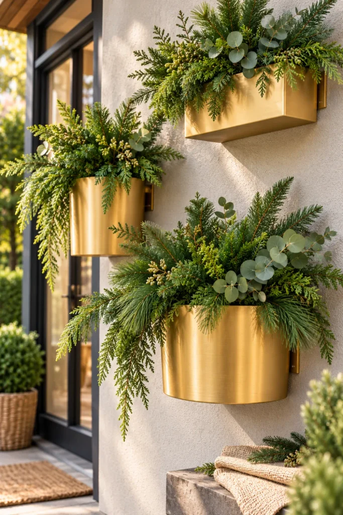 DIY gold spray-painted wall planters filled with festive evergreen branches on a modern outdoor wall, showing an affordable Christmas garden makeover with elegant metallic finishes and natural greenery.