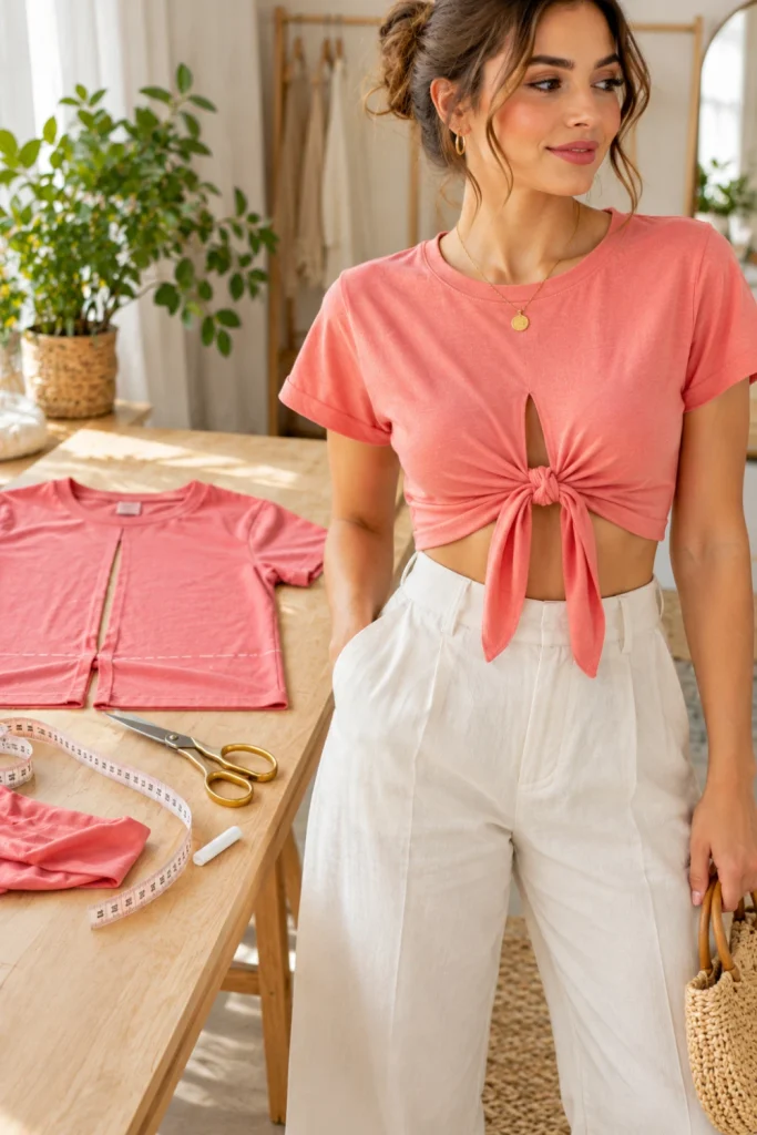 Coral-pink no-sew DIY T-shirt crop top with a center-front tie bow, styled with high-waisted ivory linen trousers beside fabric scissors, measuring tape, and a marked T-shirt on a modern wooden workspace.