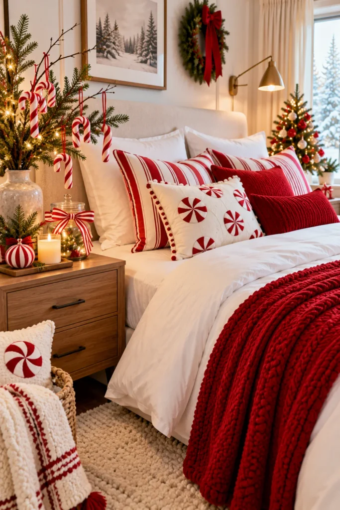 Cozy Christmas bedroom decor ideas for a festive retreat using budget-friendly DIY peppermint pillow covers, handmade paper ornaments, red-and-white ribbon, recycled glass jars, and simple festive bedside decorations.