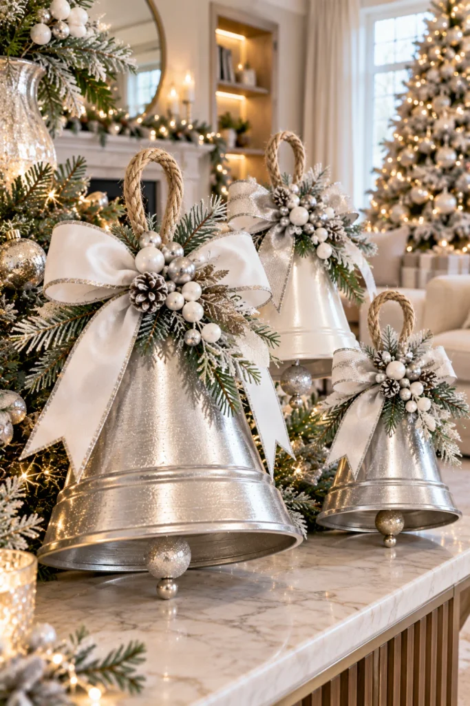 DIY silver and white Christmas bells with frosted metallic finishes, white satin ribbons, snowy evergreen branches, and warm lights in an elegant winter wonderland holiday display.