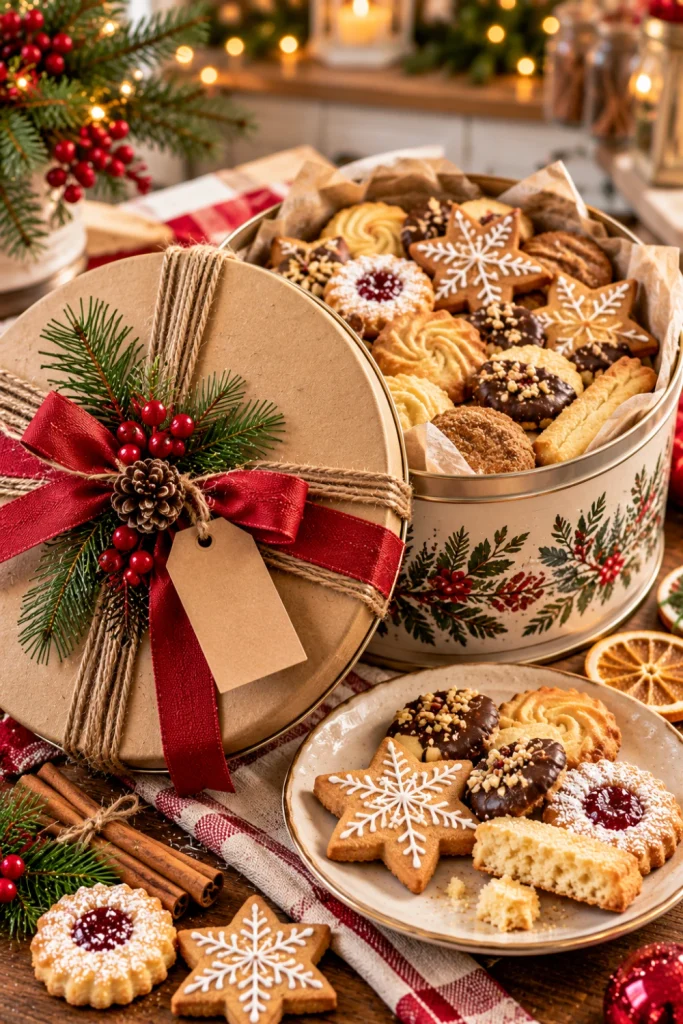DIY upcycled Christmas cookie tins with kraft paper lids, natural twine, cranberry ribbon, evergreen accents, gingerbread stars, and golden homemade shortbread for thoughtful holiday gifts.
