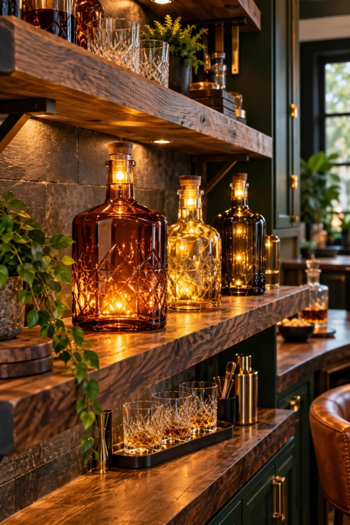 DIY whiskey bottle lights for rustic home bars featuring glowing amber glass bottles on modern reclaimed wood shelving with warm LED accent lighting.