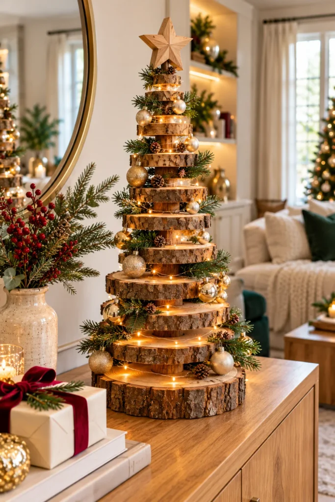 DIY wood slice Christmas tree made from natural timber rounds with visible wood grain, miniature evergreen accents, and elegant contemporary Christmas decorations.
