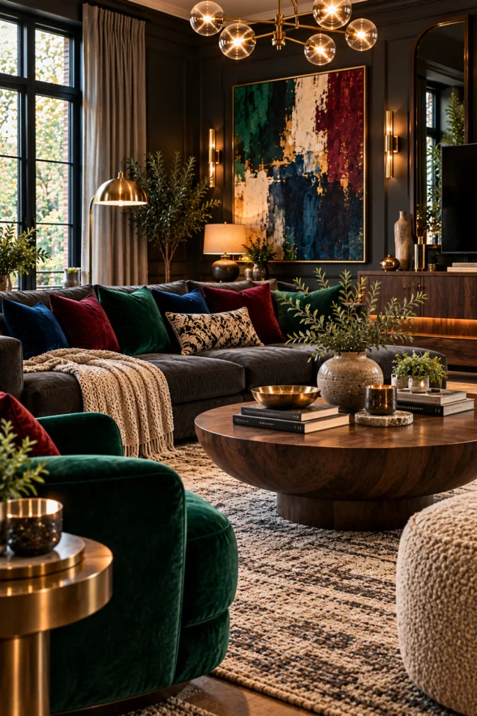 Dramatic charcoal living room with a dark gray sofa, emerald green and sapphire blue accents, luxurious textured cushions, oversized statement artwork, walnut furniture, and warm brass lighting.