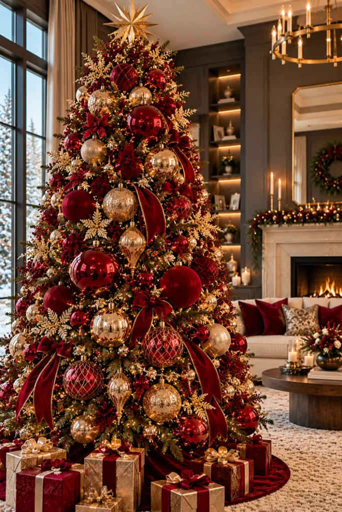 Dramatic red and gold Christmas tree ideas featuring oversized ruby-red baubles, burgundy velvet ribbon, sculptural gold ornaments, warm LED lights, a charcoal feature wall, and sophisticated contemporary luxury living room furniture.