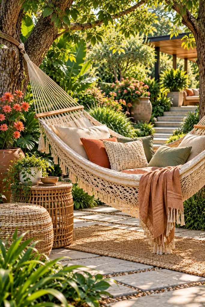 Modern boho backyard tree hammock garden corner with woven textures, plush cushions, casual throw, earthy accents, leafy plants, warm wood, and contemporary landscaping.