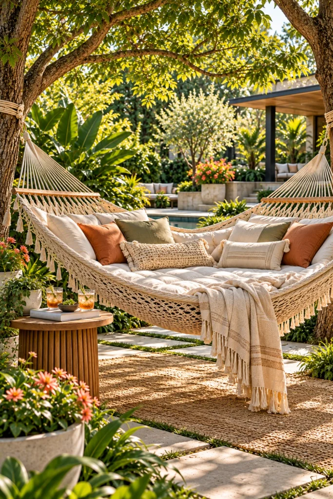 Spacious double backyard tree hammock retreat for two with plush neutral cushions, a compact side table, soft natural shade, layered greenery, and luxurious modern garden styling.