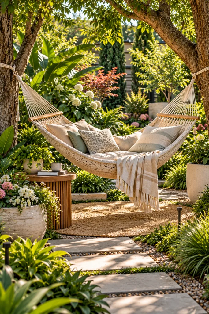 Luxurious garden hammock retreat surrounded by layered greenery, ornamental grasses, flowering shrubs, modern planters, and a comfortable neutral hammock in a vibrant contemporary backyard.