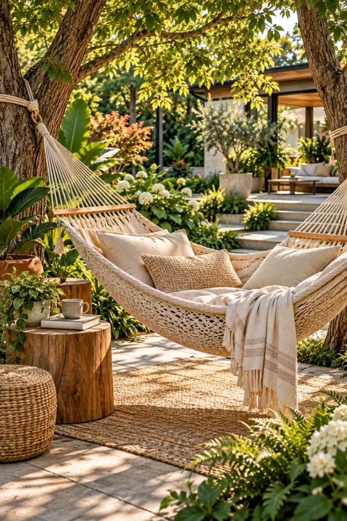 Organic-modern backyard hammock escape with a neutral woven hammock, natural wood furniture, woven accessories, soft beige textiles, refined greenery, and elegant contemporary outdoor styling.