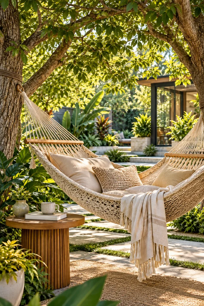 Ultra-realistic shaded backyard hammock reading nook beneath mature trees, styled with a neutral woven hammock, plush outdoor pillow, compact wood side table, layered greenery, and elegant contemporary landscaping.