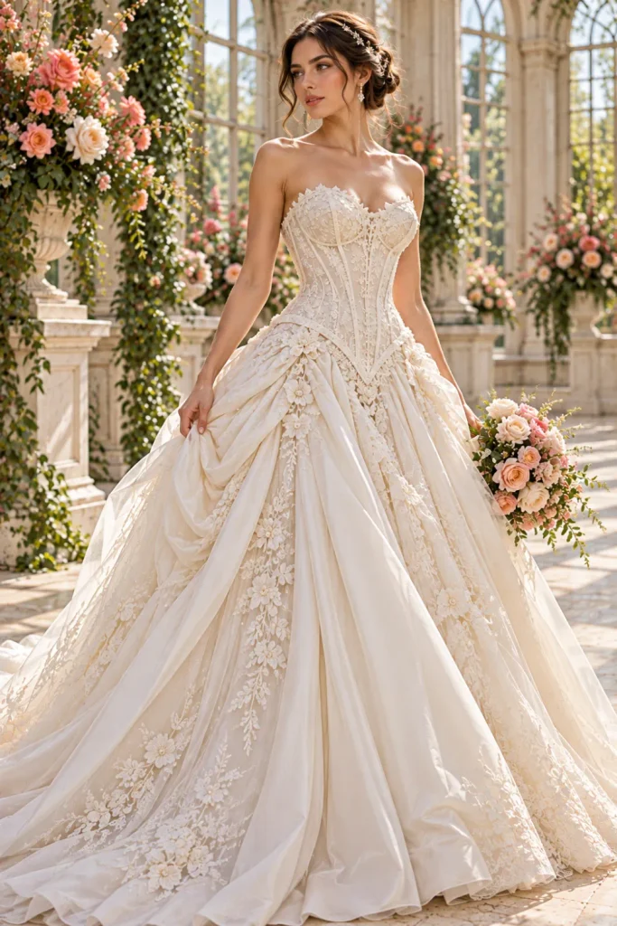 Modern ivory drop-waist corset wedding dress featuring an elongated structured bodice, a softly pleated full skirt, and elegant vintage-inspired bridal styling.
